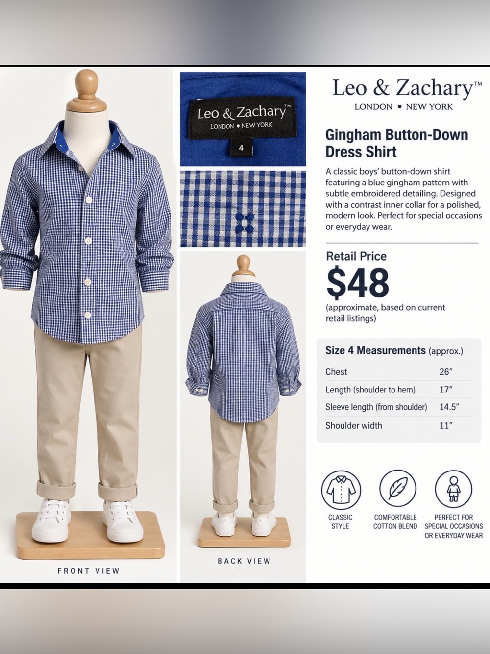 Leo & Zachary Boys' Blue Gingham Button-Down Shirt, Size 4